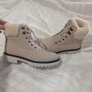 Women's Cream Lace-Up Boots